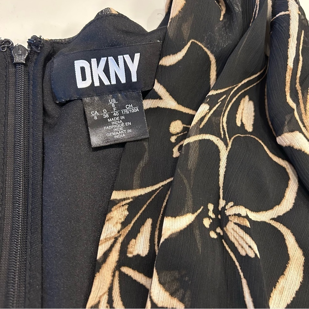 DKNY Black, Tan and Cream Floral Long Sleeve Chiffon Dress, Size 8, NWT - Picture 2 of 12